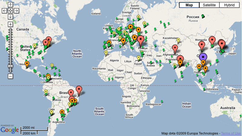 Distribuição geográfica do envio de spam detectado pelo site spamshield.org no dia 29/05/2009